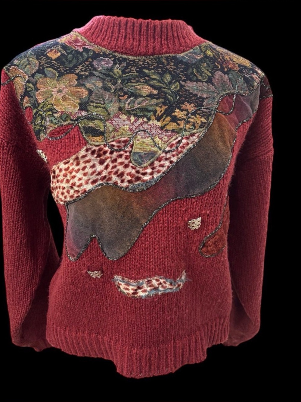 Vintage 90s Mainframe Patchwork Tapestry Velvet Cottage Sweater